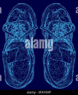 Blue sneakers with white laces rest on a dark blue background, highlighting their clean contour and sporty design. Top view Stock Vector