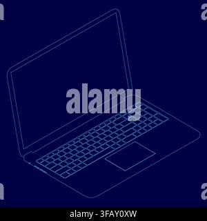 A blue contour drawing of a laptop computer, featuring a clearly defined screen and keyboard on a solid background. This minimalist line art is ideal Stock Vector