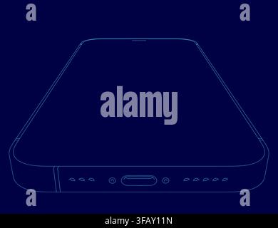 A blue smartphone contour drawing represents a conceptual media device patent. The minimalist design focuses on the electronic outline against a solid Stock Vector