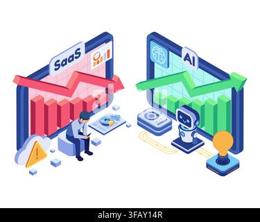Isometric Artificial Intelligence Growth Trend vs SaaS Business Decline with Financial Charts. AI Disrupting SaaS Business Concept Stock Vector