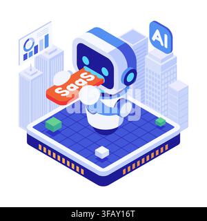 Isometric AI Robot Consuming a SaaS Icon Representing Artificial Intelligence Disrupting Software as a Service Industry Stock Vector