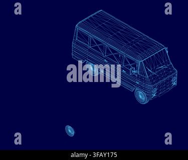 Two low poly wireframe vans on a solid blue background, part of a matching vehicle set. The geometric design features clean edges and a modern digital Stock Vector