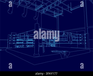 A detailed blueprint of a boxing ring on a blue background features ropes, poles, and corner pads for realistic training gym contour. Stock Vector