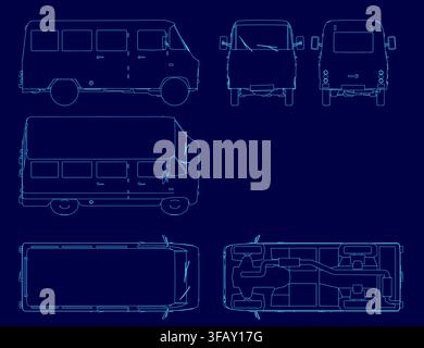 Blueprint van contour set on a blue background, displaying the vehicle's detailed design and technical specifications. Stock Vector