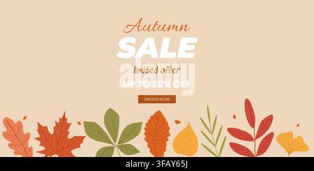 Autumn sale banner with Autumn SALE limited offer UP TO 50 OFF text and ORDER NOW button, decorated with colorful fall leaves in red, orange Stock Vector