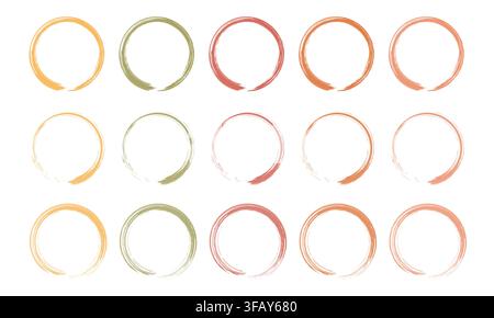 Set of sixteen colorful circular brushstroke designs inspired by Zen enso art. Minimalistic abstract pattern in orange, green, red, and peach tones Stock Vector