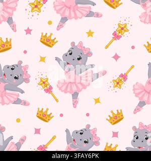 Seamless pattern featuring a cute hippo ballerina. A princess-style background for children: a hippo in a pink tutu, a golden crown, a magic wand Stock Vector