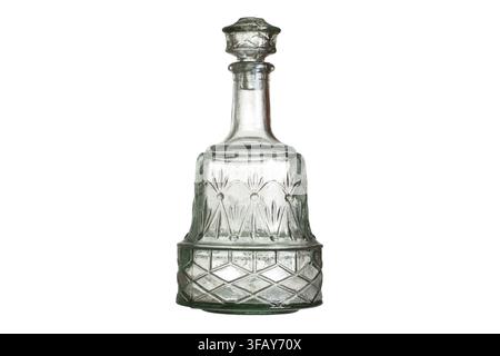 Glass decanter isolated on white background. Empty glass decanter with stopper. Stock Photo