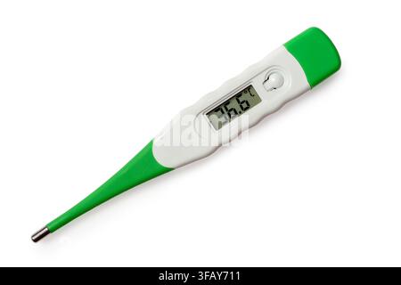 Modern electronic thermometer on a white background. The thermometer is green. Thermometer with display. Stock Photo