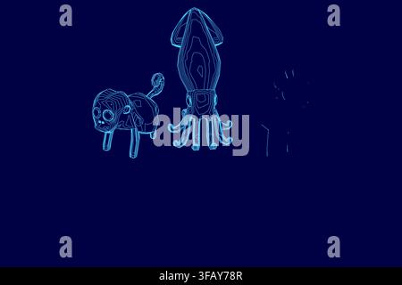 Low poly animal set includes a squid, fish, cat, dog, and bird in a sketch-like contour style on a blue background. Stock Vector