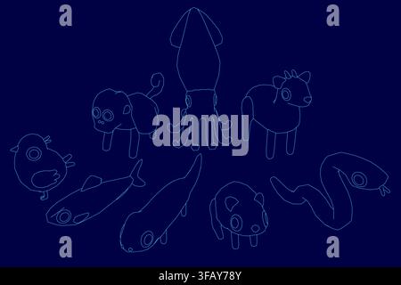 Low poly animal set in a sketch-like contour style, arranged in a circle on a calming blue background. Each creature has unique features and character Stock Vector