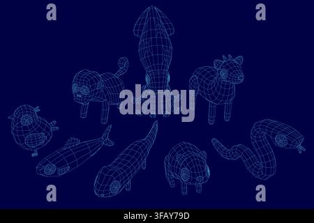 A low poly animal set features a 3D wireframe model with realistic details on a solid blue background. Stock Vector