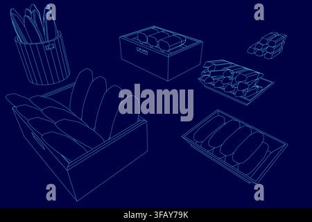 A bakery products set with bread and ice cubes in containers, arranged on a blue background with clean contour lines. Stock Vector