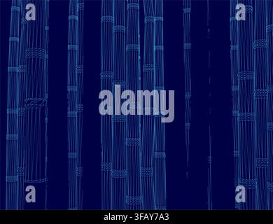 A bamboo wireframe set forms a repeating pattern against a solid blue background, creating a clean and modern wallpaper effect. Stock Vector