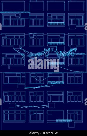 Detailed blueprint of a building facade featuring numerous windows, balconies, and doors in a classic architectural plan. Stock Vector