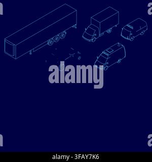 Blueprint illustration of a vehicle set with contour outlines of various trucks and cars on a solid blue background. Isometric view Stock Vector