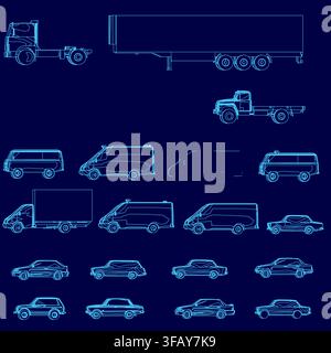 Blueprint set of various trucks and cars in white contour lines on a solid blue background. Side view Stock Vector