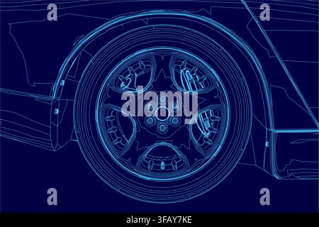 A detailed blueprint of a sport car wheel contour on a blue background, highlighting technical design and engineering specifications. Stock Vector