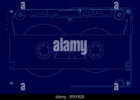 Blueprint outline of a cassette tape on a solid blue background. The clean white contour creates a retro technical schematic of an audio recorder. Stock Vector