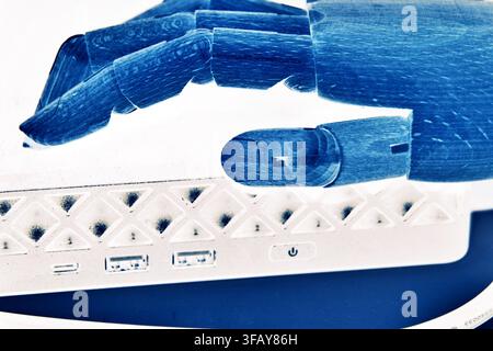 A robotic hand holding a computer motherboard base, symbolizing artificial intelligence, advanced technology, digital transformation, automation, and Stock Photo
