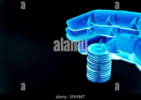 Robotic Hand Touching Money on Black Background Stock Photo