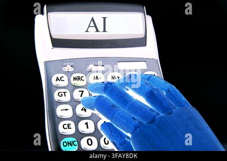 A robotic hand pressing buttons on a calculator displaying the word "AI" on its screen. Conceptual image representing artificial intelligence, smart c Stock Photo
