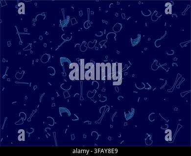 An animated musical skeleton explodes from a blue background patterned with symmetrical instruments. The contour lines of a guitar, saxophone, drum se Stock Vector