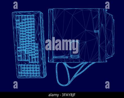 A retro computer keyboard and mouse rendered as a blue wireframe design. The intricate geometric shapes and lines create a unique digital workspace co Stock Vector