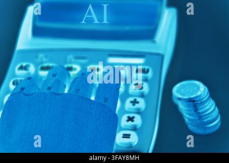 Robotic Hand Typing on AI Calculator Technology Concept Stock Photo