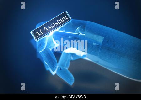 AI Assistant Robot Hand Holding Name Badge Stock Photo