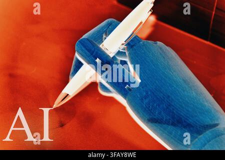 lue Robotic Hand Holding a Pen Marked AI, Artificial Intelligence Concept Stock Photo