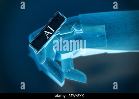 AI Robot Hand Holding AI Name Badge Stock Photo