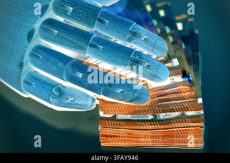 Blue Robotic Hand Touching Banknotes on a Table, AI and Financial Technology Concept Stock Photo