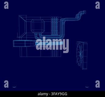 A 3D wireframe blueprint of a gaming computer case reveals internal components and their detailed connections on a solid blue background. Stock Vector