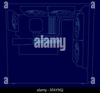 Detailed blueprint of a gaming computer case on a blue background, featuring intricate contour lines and a realistic CPU drawing for setup planning. Stock Vector