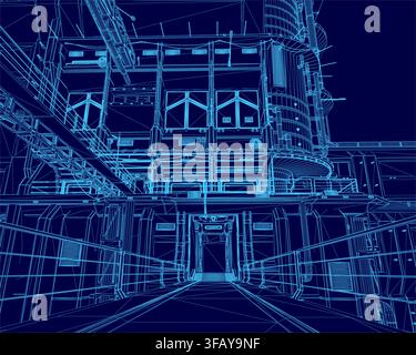 The image shows a blueprint of a large building with a lot of windows, set against a blue background. The building appears to be an oil refinery, with Stock Vector