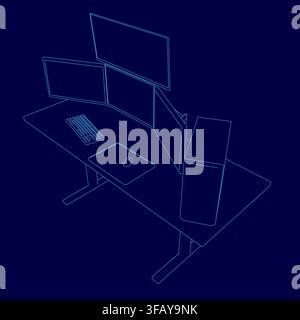 A modern gaming computer setup with dual monitors, keyboard, and mouse on a desk featuring a sleek blue contour outline. This professional workspace i Stock Vector