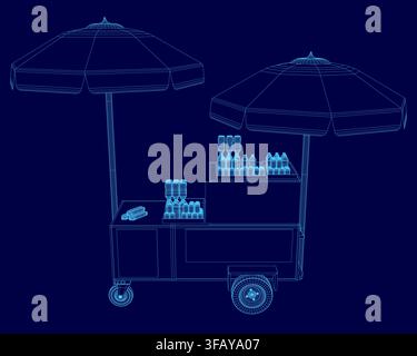 A 3D wireframe model of a hotdog cart features two large umbrellas and animated bottles on its counter, set against a solid blue background for clean Stock Vector