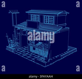A 3D blueprint-style Japanese restaurant model is realistically rendered with clean contour lines on a solid blue background for architectural or desi Stock Vector