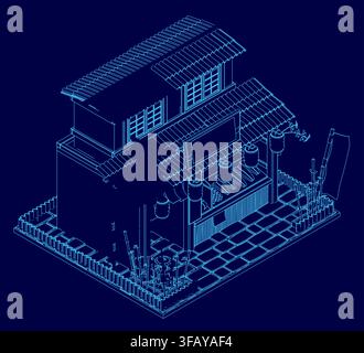 A traditional Japanese house blueprint in 3D, featuring detailed roof lines, walls, and windows on a solid blue background. Stock Vector