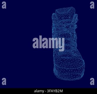 Military-style blue sneakers feature a detailed 3D wireframe design on a dark blue background. The digital aesthetic presents a modern tactical boot c Stock Vector