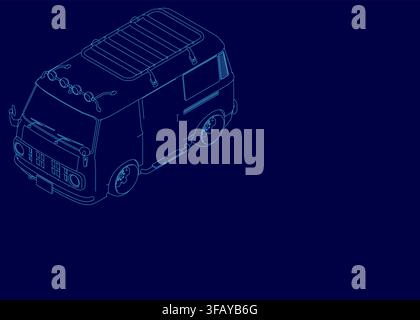 Two blue minibus vans in a clean contour set, outlined in white on a dark blue background for a crisp and modern graphic look. Isometric view Stock Vector