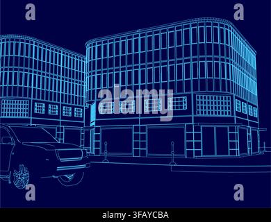 A car parked on a quiet street faces a building, its architectural blueprint glowing in the dark background. Stock Vector