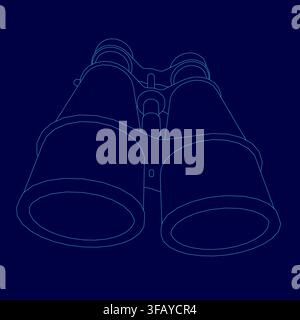 Vintage binoculars with a white contour outline rest on a stark dark blue background. The high-contrast composition creates a clean and distinct graph Stock Vector