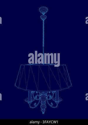 A vintage chandelier blueprint on a blue background displays an intricate wireframe lampshade with detailed structural elements. Stock Vector