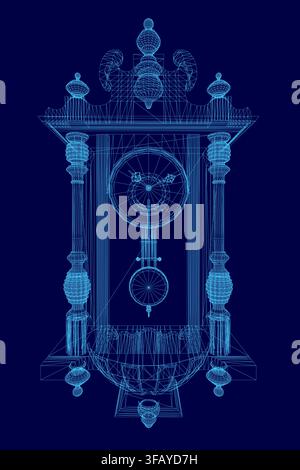 A vintage wall clock blueprint with intricate wireframe details, visible hands, and a pendulum against a stark blue background. Stock Vector