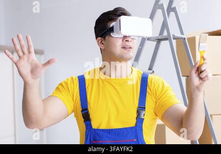 Painter, contractor working with virtual reality glasses Stock Photo