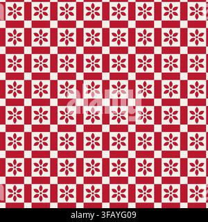 Red Cream Folk Floral Checkerboard Pattern Stock Vector