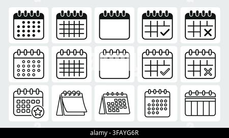Black and white calendar icon set for planning and schedule organization on white background. Stock Vector