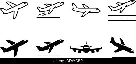 Airplane flight take off and landing vector minimalist line and solid silhouette icons. Stock Vector